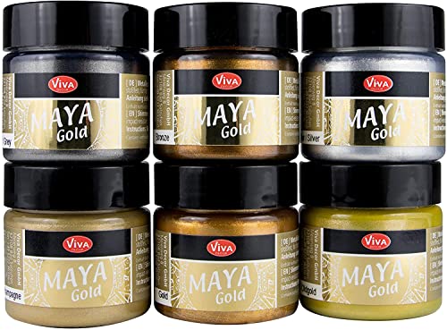 Maya Gold 6er Set (Glamour) - Viva Decor Metallic Effektfarbe, Metallglanz, Effekt Farbe Metall, Bastelfarbe, Dekofarbe