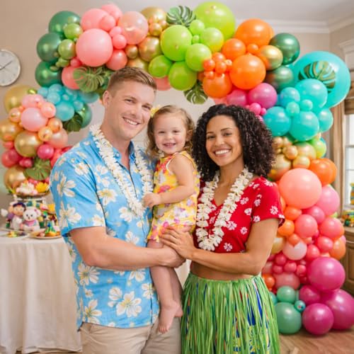 Image of Flamingo Hawaiian Tropical Balloon Garland Arch Kit,161 Pcs Fruit Green and Hot Pink Aqua Blue Orange Gold Balloons for Hawaii Summer Beach Pool Luau Birthday Baby Shower Party Decorations