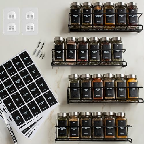 Deco haus Gewürzregal Wand ohne Bohren [MIT 24 GEWÜRZGLÄSER & ETIKETTEN] - Gewürzregal Hängend 4er Set - Gewürzhalter Ohne Bohren Schwarz - Gewürzhalter - Spice Rack Organizer