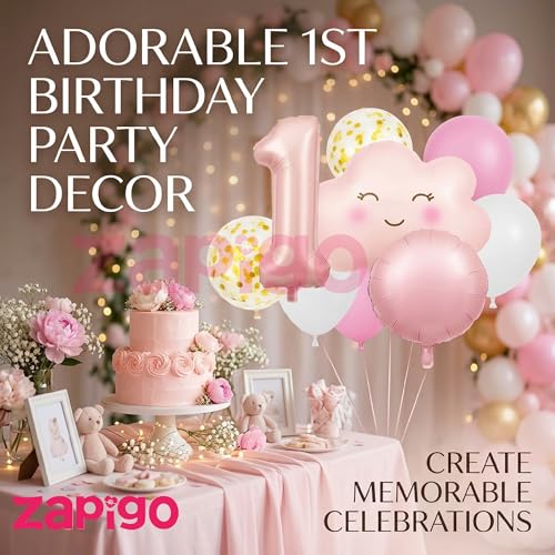 Image of Balloonistics 1St Birthday Pink Cloud Theme Happy Birthday Balloon Bouquet Pack Of 5