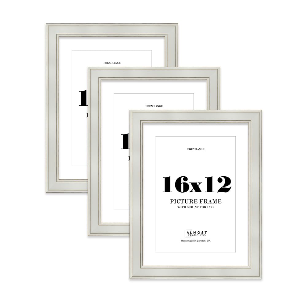 16x12" Light Grey Picture Frame with 13x9" Mount - Shabby Chic Photo Frame with Distressed Finish, Gold Trim, Wall Hooks, 37mm Edge - 3 Pack