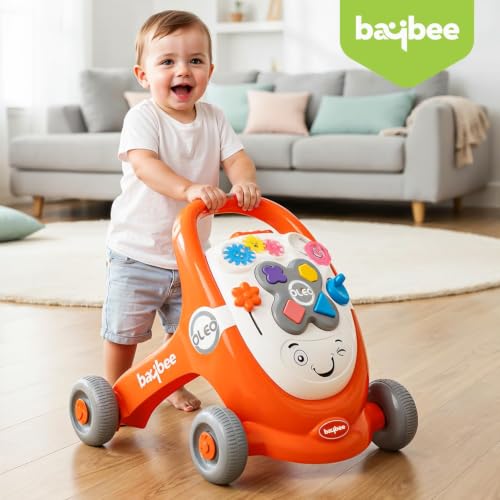 Image of Baybee Oleo Baby Walker for 6-18 Months | Activity Push Walker with Music & LED Lights | Stable Wheels, Easy Grip Handle | Educational Walker for Boys & Girls 0-2 Years (Orange)