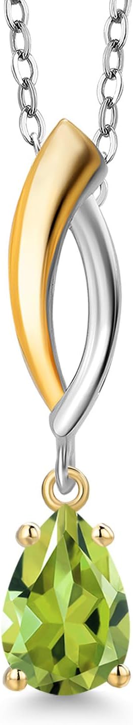 Gem Stone King 925 Silver and 10K Yellow Gold Green Peridot Pendant Necklace for Women | 0.68 Cttw | Gemstone August Birthstone | Pear Shape 7X5MM | With 18 Inch Silver Chain