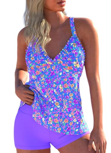 Image of ROSEWE Womens Tankini Bathing Suits, Two-Piece Smocked Swim Dress, Print Swimsuits with Board Shorts