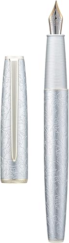 Hongdian - Pluma estilográfica de aluminio plateado A3, diseño de grabado de flor de punta extra fina, bolígrafo de escritura consistente con