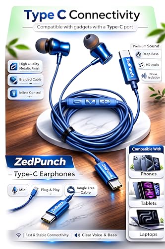 Image of Gaming Type-C Wired Earphone with Mic, 10mm Dynamic Bass Driver, Magnetic in-Ear Headphones, Low Latency Sound for Gaming, 3 Button Control, HD Calling, Voice Assistant (Royal Blue)