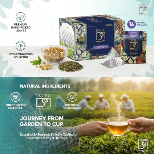 Image of Dabri Chamomile Green Tea 16 Pyramid Dip Tea Bags | Natural Whole Leaf & Chamomile Flowers | Relieves Menstrual Cramps & Stress | Aids Sleep & Digestion | Supports Glowing Skin & Strong Hair