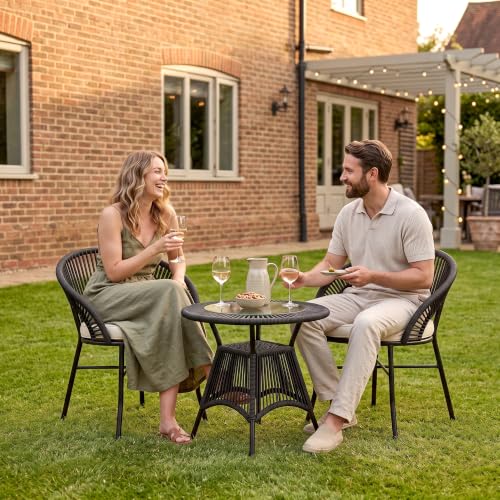 Image of OUTLIVING Init Outdoor Patio Furniture Set | 2 Seater Wicker Chairs with Cushioned Seats & Round Coffee Table | Garden, Balcony, Terrace & Lawn Seating Set - Black