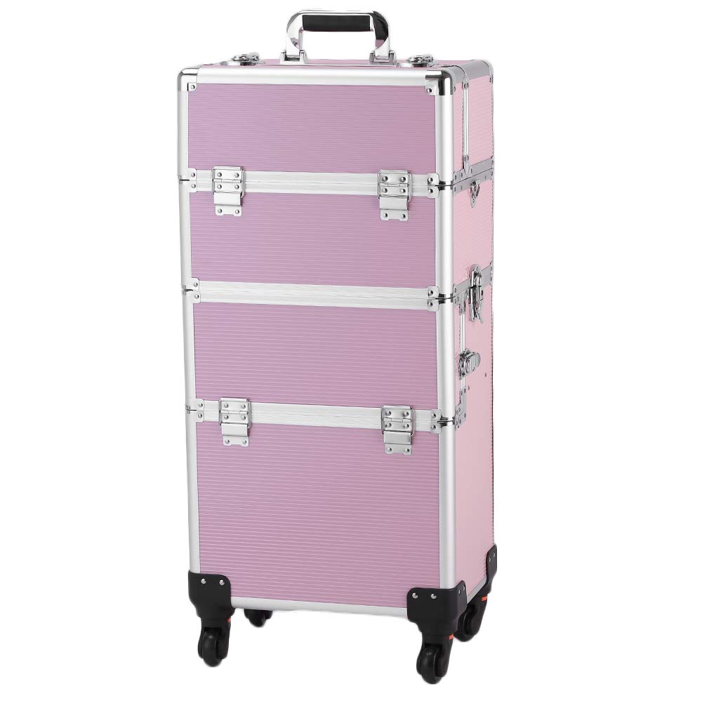 Volowoo 3 in 1 Cosmetic Makeup Train Case, Large Rolling Aluminum Trolley Makeup Travel Case Professional Rolling Cosmetic Beauty Storage Box with 360