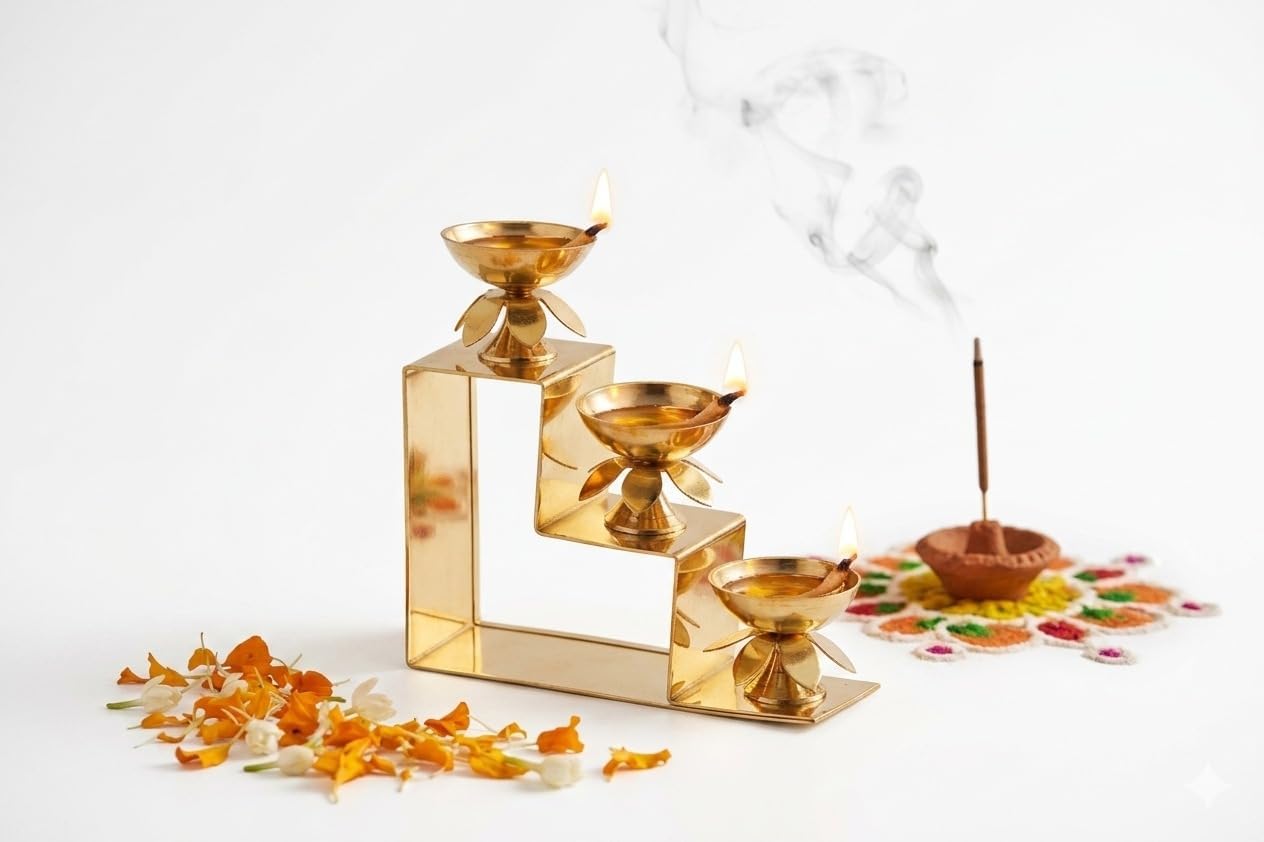 AKSHATA Brass Diya for Puja Home Office Mandir Akhand Jyot Diya Deepak for Diwali Festival Gift Item (DYA-STAIRS-3K) 1PIECE