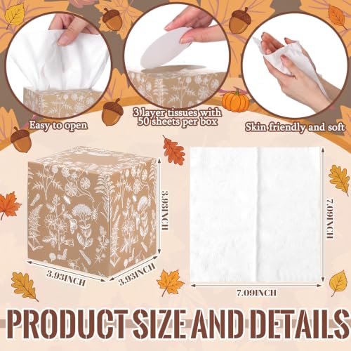 Image of Fourluoo 12 Pack Thanksgiving Fall Floral Line Art Facial Tissues, 600 Print Sheets 3-ply Autumn Botanical Cube Boxes, Small Square Tissues Bulk for Thanksgiving, Car, Bedroom & Party Supplies