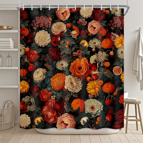Drgilau Vintage Floral Shower Curtain for Bathroom, Black Boho Floral Shower Curtain Farmhouse Flowers Bathroom Curtains Bohemian Flower Waterproof Bath Curtains with 12 Hooks, 72X72 Inch