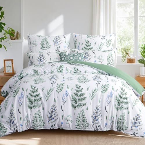 Tifschlaf King Size Duvet Cover Sets - Kingsize Bedding Set with Pillowcases, Ultrasoft Microfiber Luxury Non Iron Quilt Cover with Zipper Closure, Floral Sage Green 230x220cm