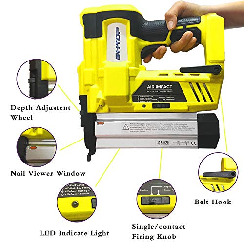 BHTOP Cordless Nailer & Stapler- 2 in 1 18Ga Heavy Tool With 18Volt 2Ah Lithium-ion Rechargeable Battery Air Cylinder(Charger and Carrying Case) (Yellow 2 Batteries)