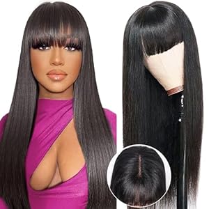 Women’s Straight Human Hair Wig with Bangs, 2 x 4 Lace Front Wig Human Hair for Black Women, Wear And Go Glueless Wig Human Hair Wig Black Long with Fringe 180% Density 26 Inches