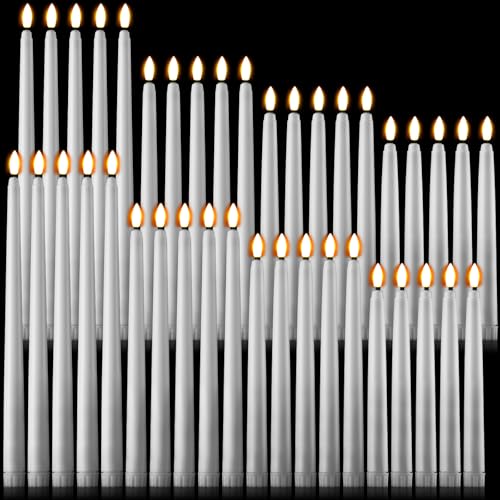 Image of Baquler 40 Pcs Flameless Taper Candles LED Flickering Taper Candlesticks Bulk Battery Operated Flameless Candle for Wedding Halloween Christmas Birthday Decoration, 8.5 /9.7 /10.8 /12.8 Inch (White)
