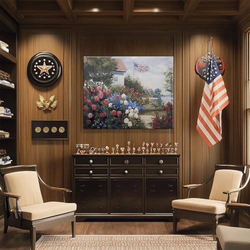 Image of Patriotic Memorial Day Canvas Wall Art, Garden Blooming Roses and Distant American Flag Oil Painting, Memorial Day Summer Backyard Print Framed Artwork for USA Country Home Wall Decor 24x30inch