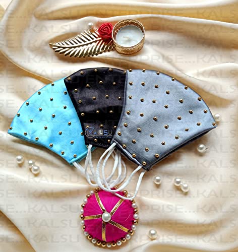 Image of ᵀᴹ : WEDDING SPECIAL Cloth Face Mask - Washable Light Weight Satin - Cotton Masks MULTI COMBO (PACK OF 3 - SKY BLUE-BLACK-GRAY)
