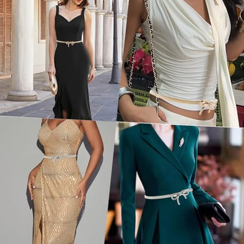 2Pcs 2 Colors Gold Silver Bow Belt Set Alloy Skinny Bowknot Design Waistbands Adjustable Thin Fashion Waist Chains Belts for Women Ladies Party Wedding formal Dress Jeans Shirts Accessories4