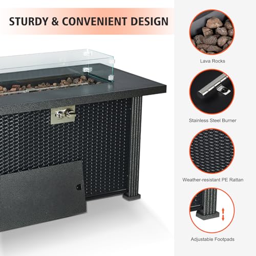 Outdoor Fire Table, 44 inch Rectangle Propane Gas Fire Pit Table, 50,000 BTU Modern Firepit with Wind Guard, Lava Rock, Rain Cover