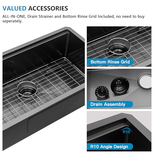 Image of 33 Undermount Kitchen Sink Black - Fulorni 33 inchx19 inch Kitchen Sink Ledge Workstation Gunmetal Black NANO-PVD 16 Gauge 304 Stainless Steel Under Counter Single Bowl Basin