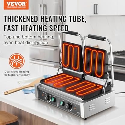 VEVOR kommerzieller Panini-Grill, elektrischer Panini-Sandwich-Maker mit 3600 W, Doppel-Sandwich-Grill aus Edelstahl, Panini-Grill mit Temperaturregelung und emaillierter flacher 19"x9" – Bild 3