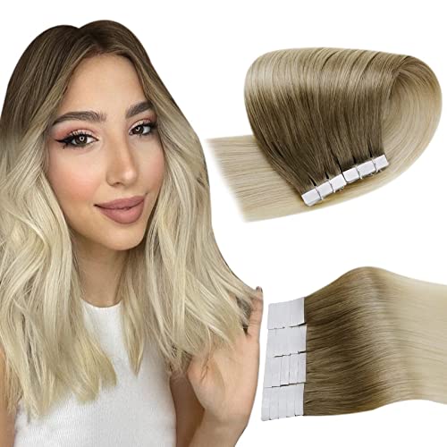 Easyouth Ombre Tape in Human Hair Extensions Darker Brown Fading to Light Blonde Hair Extensions Tape in Straight Glue in Hair Extensions for Women 14Inch 40g 20pcs