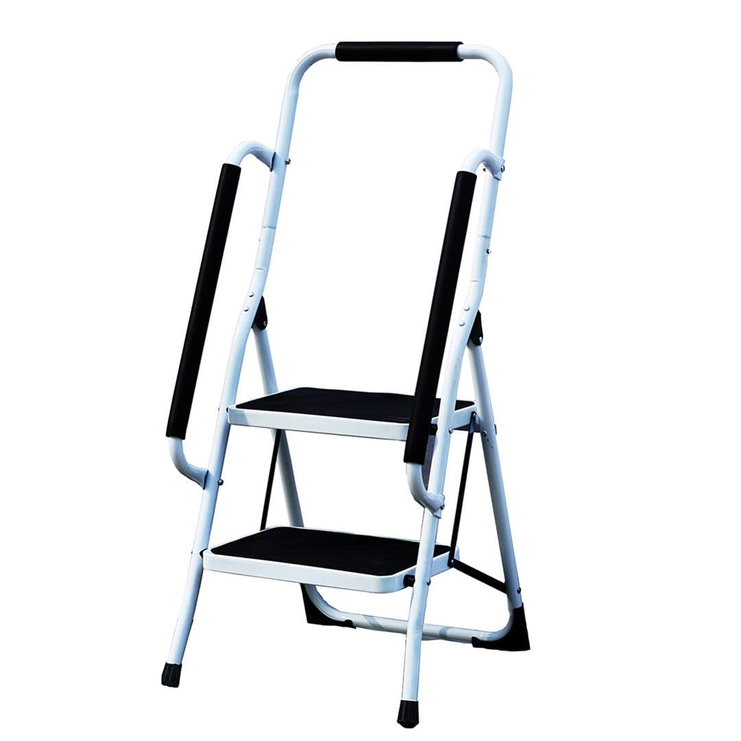 Gr8 Home 2 Step Ladder Folding Step Stool with Safety Grab Rail Banister Bar Handrail Support | Heavy Duty Steel Small Step Ladder | Non Slip Wide Pedals Folding Step for Home DIY Cleaning