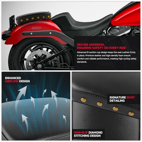 Image of DREAMIZER Universal Black Motorcycle Solo Passenger Seat Rear Cushion 8 Suction Cups Compatible with Harley Sportster XL 883 1200 Forty Eight Dyna Chopper Bobber Custom (Black-Vintage)