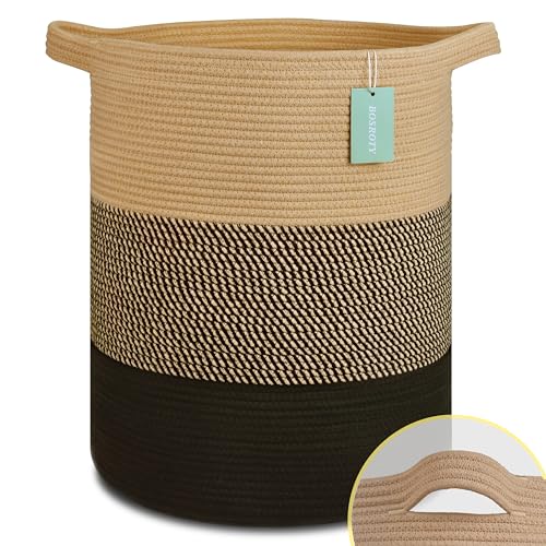 Image of Cotton Rope Blanket Basket, 72L Tall Laundry Hamper, Brown & Black | 16 inchx 22 inch, Large Collapsible Woven Nursery Hamper with Sturdy Handles for Clothes Toys Towels, Bedroom Living Room Bathroom