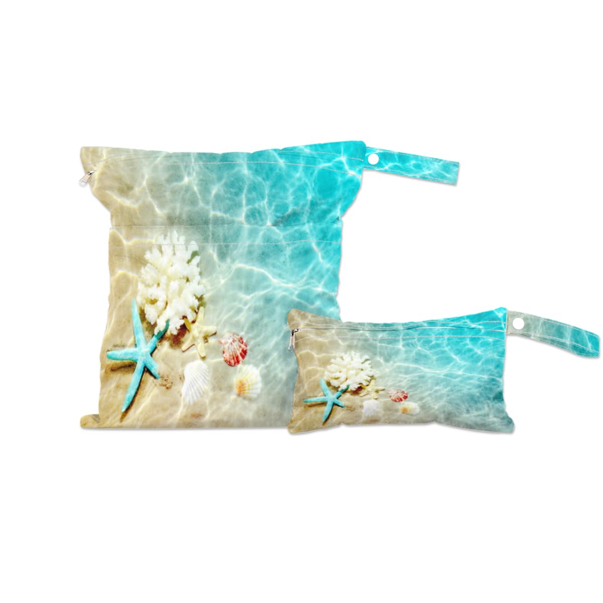 Wet Bags for Swimsuits,2 Pack Starfish Seashell Wet Dry Bag with Zipper Pocket Waterproof Summer Beach Wet Clothes Bag for Breast Pump Parts Wet Swimsuit Bag Diaper Wet Bag for Travel Beach