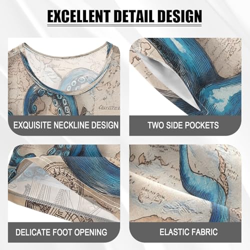 ALAZA Nautical Map Blue Octopus Watercolor Pajamas Set Short Sleeve Cotton Sleepwear Summer Pjs 2 Piece 5-14Y4