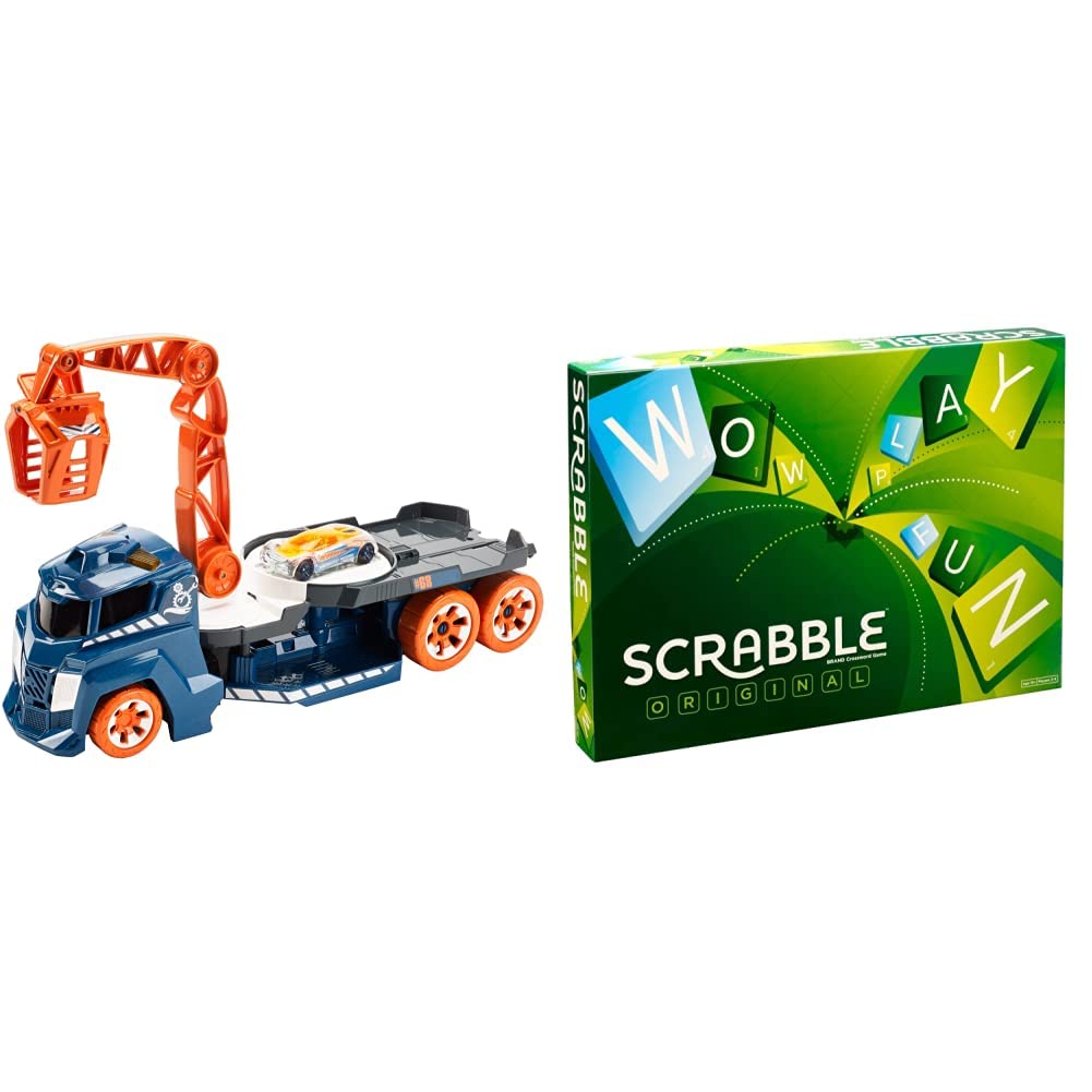 Hot Wheels Spinning Sound Crane Vehicle, Multi Color (DJC70) & Mattel Scrabble Board Game, Word, Letters Game, Multi Color