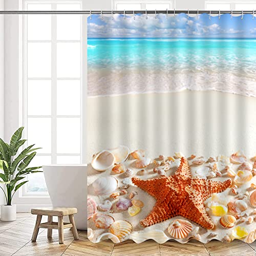 AMDXD 80x200cm Duschvorhang aus Stoff Polyester Textil Wasserdicht Waschbar für Badezimmer Badewanne und Dusche Ocean Stil dekorieren Vorhang Duschvorhänge mit Duschvorhangringen, Blau