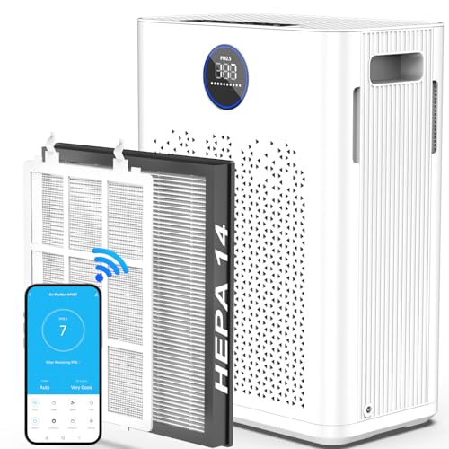 Purificadores de ar para casa grande sala de até 2800 ft², purificador de ar Wi-Fi inteligente com sensor PM2.5, filtro HEPA H14 lavável modo de suspensão 22dB com temporizador, filtro de ar para