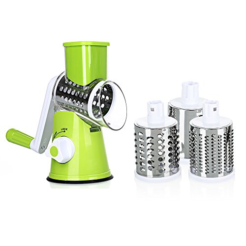 Ogori Vegetable Mandoline Chopper, 3-Blades Manual Vegetable Slicer,Efficient and Fast Vegetable Fruit Cutter Cheese Shredder, Speedy Rotary Drum Grater Slicer with Strong-Hold Suction Cup(Green)