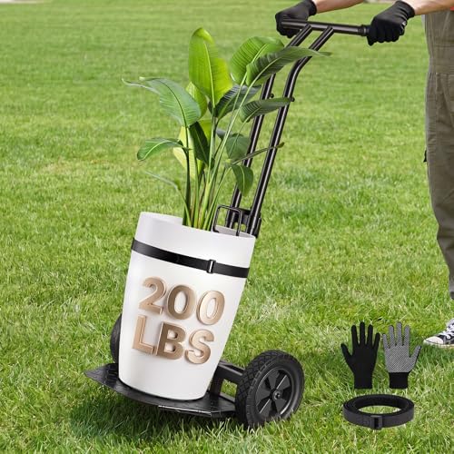 Brightown-Plant-Caddy-with-Wheels Heavy Duty Ergonomic Plant Dolly for Elderly Gardeners with Adjustable Grabbing Arm 200 Lbs Capacity All-Terrain Wheels with Strap & Gloves for Indoor Outdoor Black