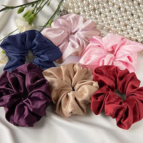 Set of 6 Silk Hair Scrunchies for Women, Large Satin Hair Ties, Pink Scrunchie Pack for Bridesmaids, Burgundy Red Bulk Volumizing Oversized Hair Tie Navy Ponytail Holders Bobbles, Womens Accessories Cover
