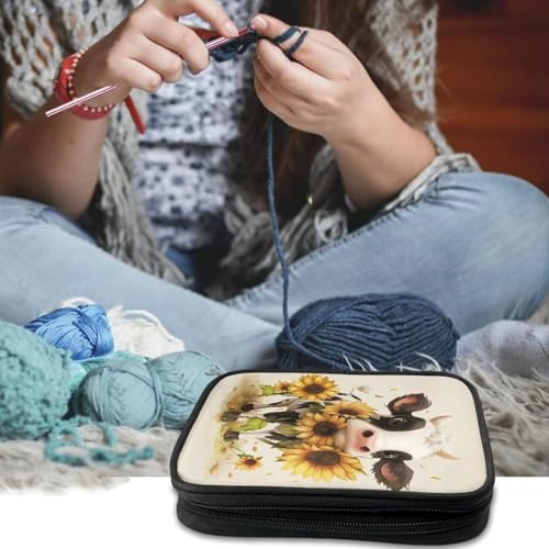 Image of Cartoon Cow Crochet Hook Case Sunflower Portable Knitting Needle Case with Web Pockets Swing Crochet Hooks Accessories Easy to Take