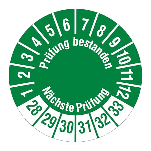 Labelident Mehrjahresprüfplaketten 2028-2033 - Prüfung bestanden/Nächste Prüfung - Ø 30 mm, 1.000 widerstandsfähige Prüfplaketten auf Rolle, Polyethylen, grün