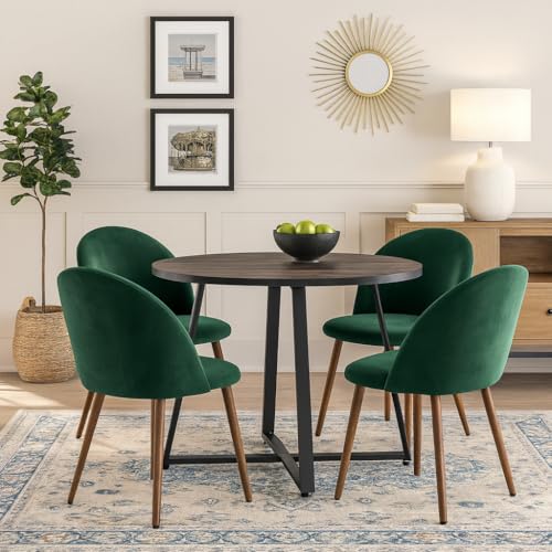 Image of 5-Piece Modern Round Dining Table Set, 35'' Wooden Table with 4 Velvet Upholstered Chairs, Compact Space-Saving Furniture for Small Apartments, Kitchens, and Dining Rooms (Gray Top, Green)