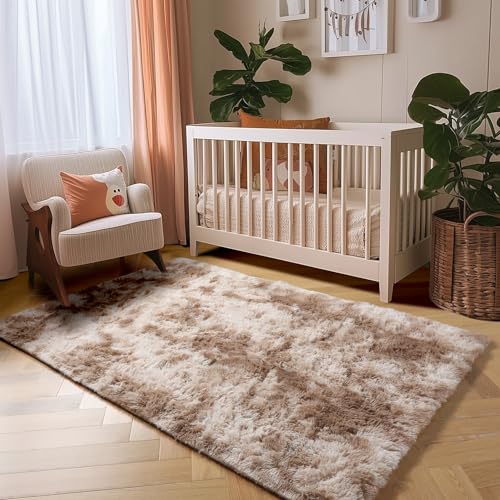 Amdrebio Tie-Dyed Beige Area Rugs for Bedroom Kids Room, 5x7 Cute Fluffy Plush Shaggy Rug for Living Room Decor Aesthetic, Soft Furry Fuzzy Neutral Tan Carpet for Baby Nursery Playroom Preppy Dorm