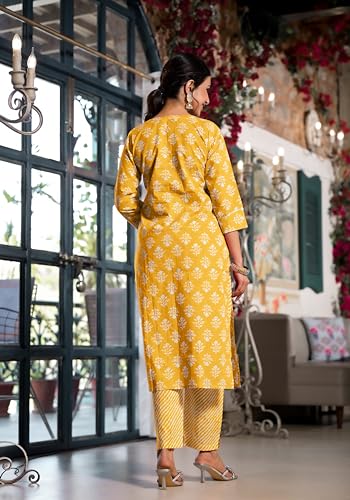 Image of MIRCHI FASHION Women's Straight Fit Cotton Ethnic Block Motif Printed Kurta Set with Dupatta and Trouser