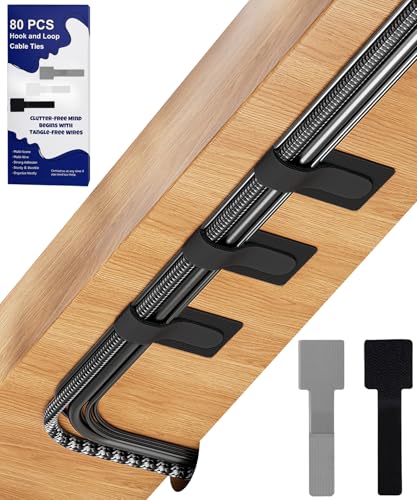 80PCS Hook and Loop Cable Ties, Hook and Loop Cable Straps, Under Desk Cable Management, Adhesive...