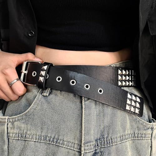 Black Studded Belt Punk Rock Rivet Belt Grommet Threads Belt with Bright Metal Pyramid Punk Leather Belt for Jeans (Pink)2