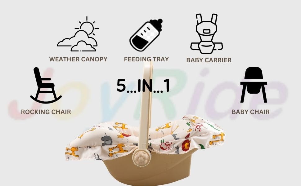Image of JoyRide CuddleNest Multi-Purpose 5 in 1 DLX Baby Carry Cot & Rocking Chair with Adjustable Handle | Large Canopy | Safety Lap Belt | Anti-Mosquito | Double Cushioned Washable Seat (Beige) 0-18 Months