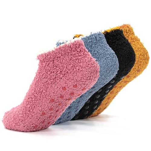 Kunoli 4 Pack Fluffy Slipper Socks for Women Men Warm Non Slip Grip Bed Socks for Winter Thermal Slipper Socks with Grippers for Causal Home Sleeping Fit UK 5-7