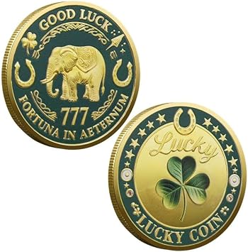 2 Pcs Good Luck Lucky Coin, Double-Sided Collectible with Elephant and Shamrock Design, Gold and Green
