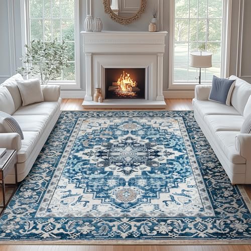 Lofus 8x10 Area Rugs for Living Room, Washable Area Rug, Rugs for Bedroom, Kitchen, Vintage Boho Carpet, Soft Non-Slip, Low Pile Large Area Rug for Office Dining Room, Floral Light Blue
