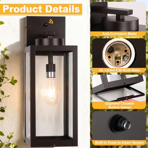 Image of 20 inch Oil Rubbed Bronze Dusk to Dawn Outdoor Wall Lights with Closed Bottom | Large Waterproof Outdoor Wall Lantern Porch Lights, Anti-Rust Modern Outside Wall Sconce Coach Light for House, E26, 2-Pack